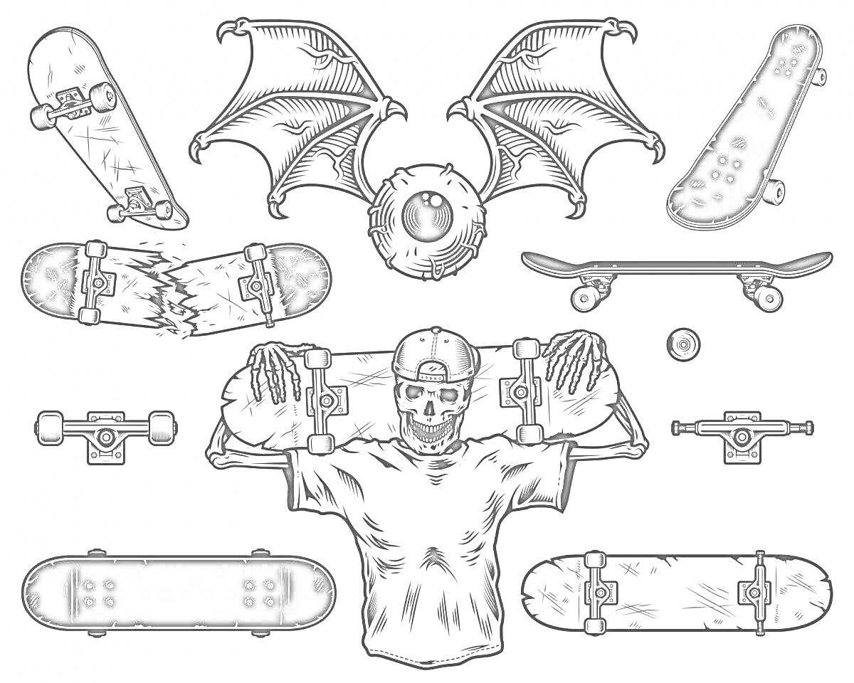 Раскраска Скейтборды, череп в кепке, глазное яблоко с крыльями летучей мыши