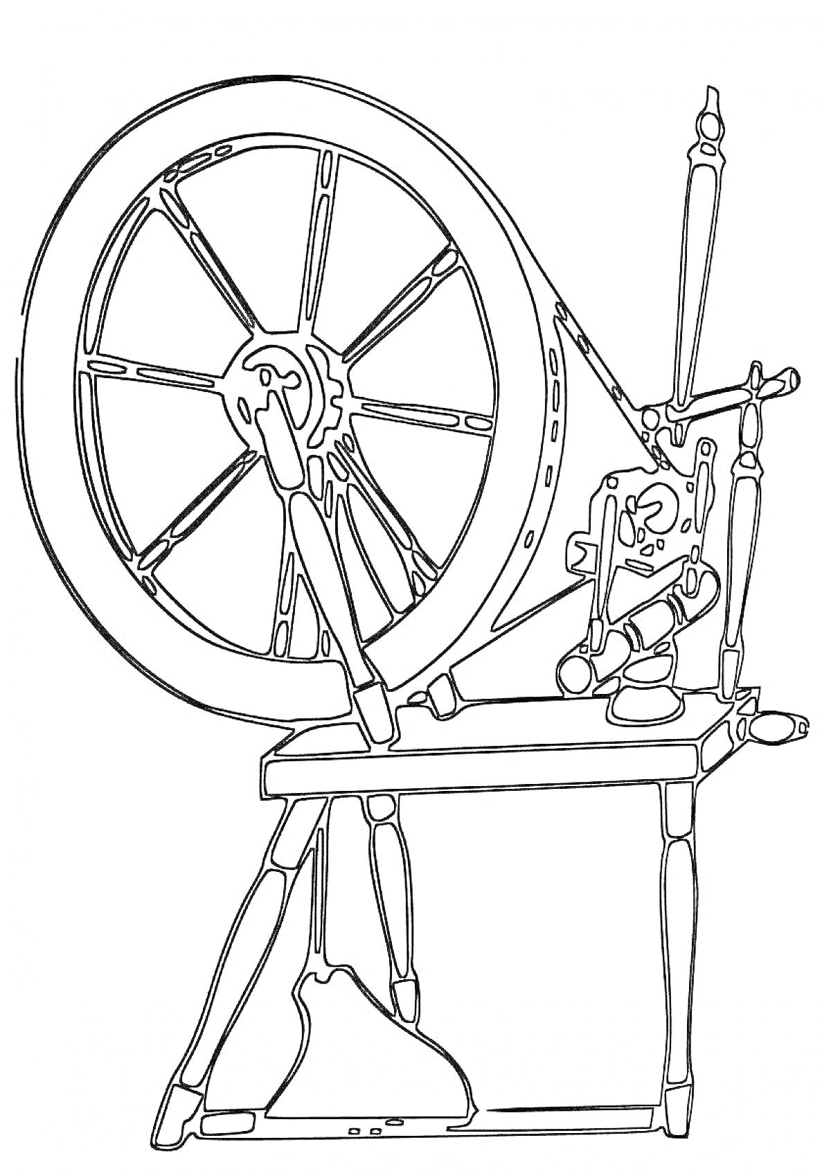 Раскраска Прялка с большим колесом и основанием, работающая на ножной педали
