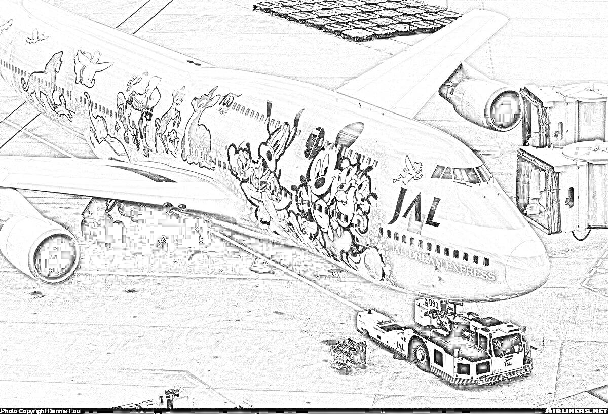 На раскраске изображено: Спецтехника, Аэропорт, Персонаж, Самолеты