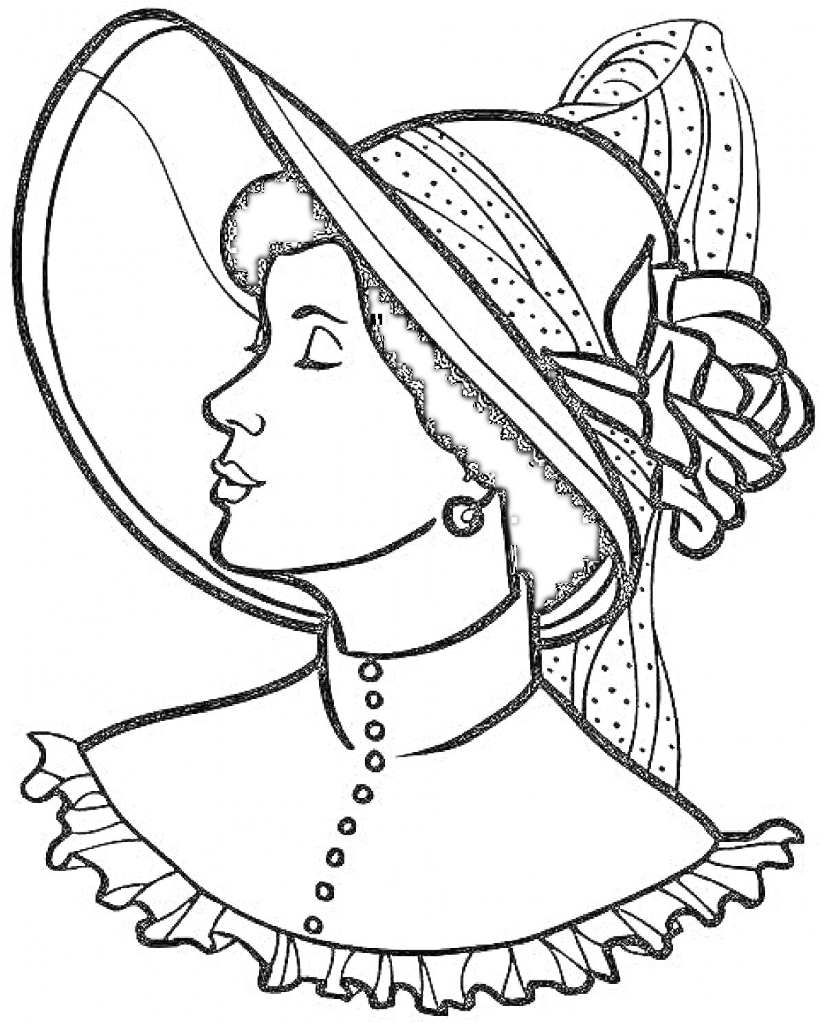 Раскраска Дама в шляпе с узором, серьгами и платьем с пуговицами и рюшами