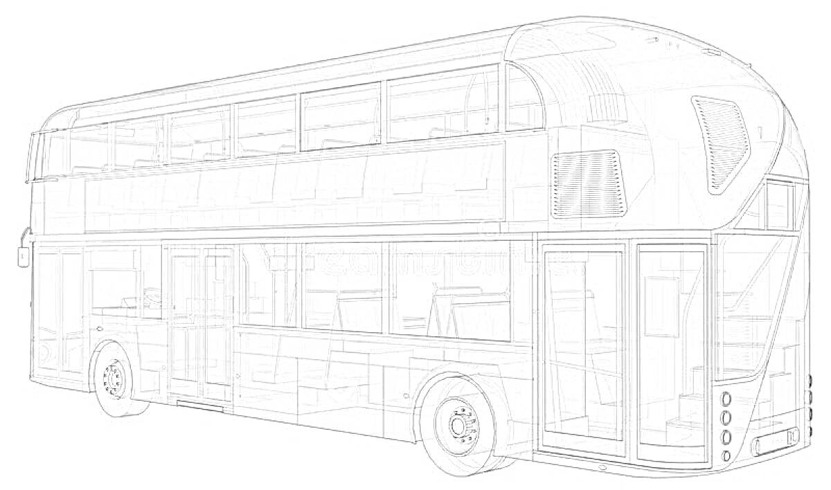 Раскраска двухэтажный автобус с окном, входной дверью, колёсами, сиденьями, передними и задними фарами