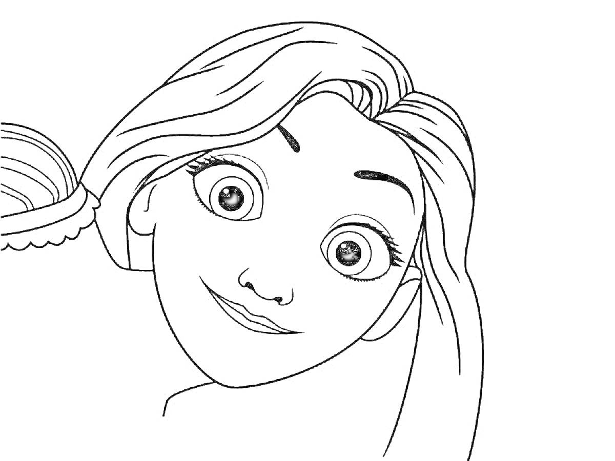 Раскраска Лицо девочки с длинными волосами, раздвинутыми по обе стороны, большие глаза, улыбка