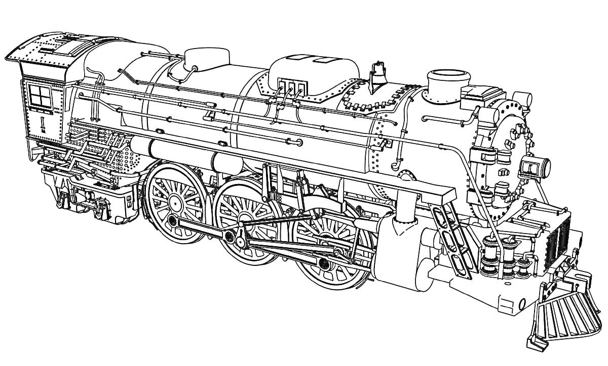 Раскраска Паровоз с деталями корпуса, колесами и трубами