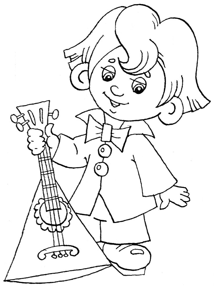 Раскраска Незнайка с балалайкой (персонаж в костюме с галстуком-бабочкой, держит балалайку)