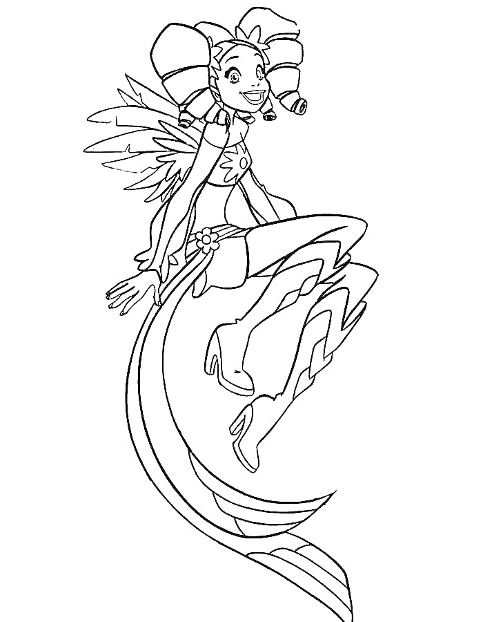Аниме персонаж с крыльями и хвостом, сидящий, в сапогах и украшениях на голове