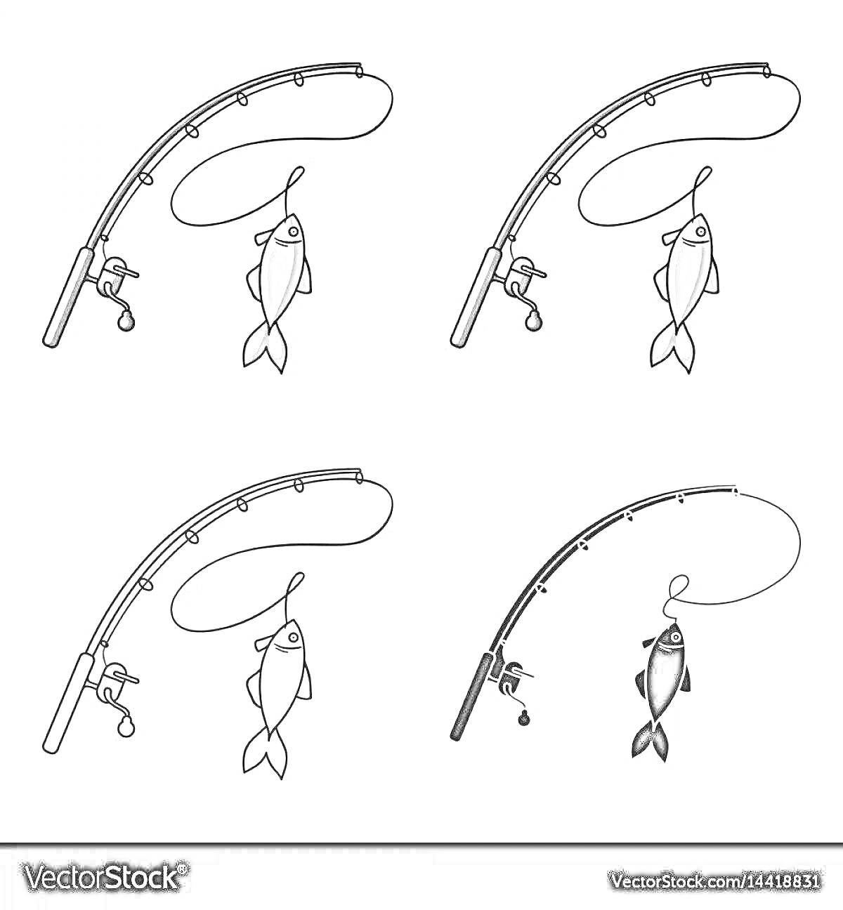 Раскраска Удочка с рыбой в четырех вариациях