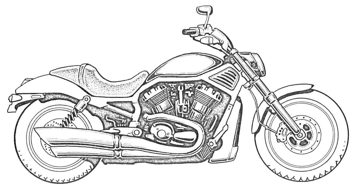 На раскраске изображено: Мотоцикл, Колёса, Руль, Зеркало, Транспорт, Байк, Мотор, Детали