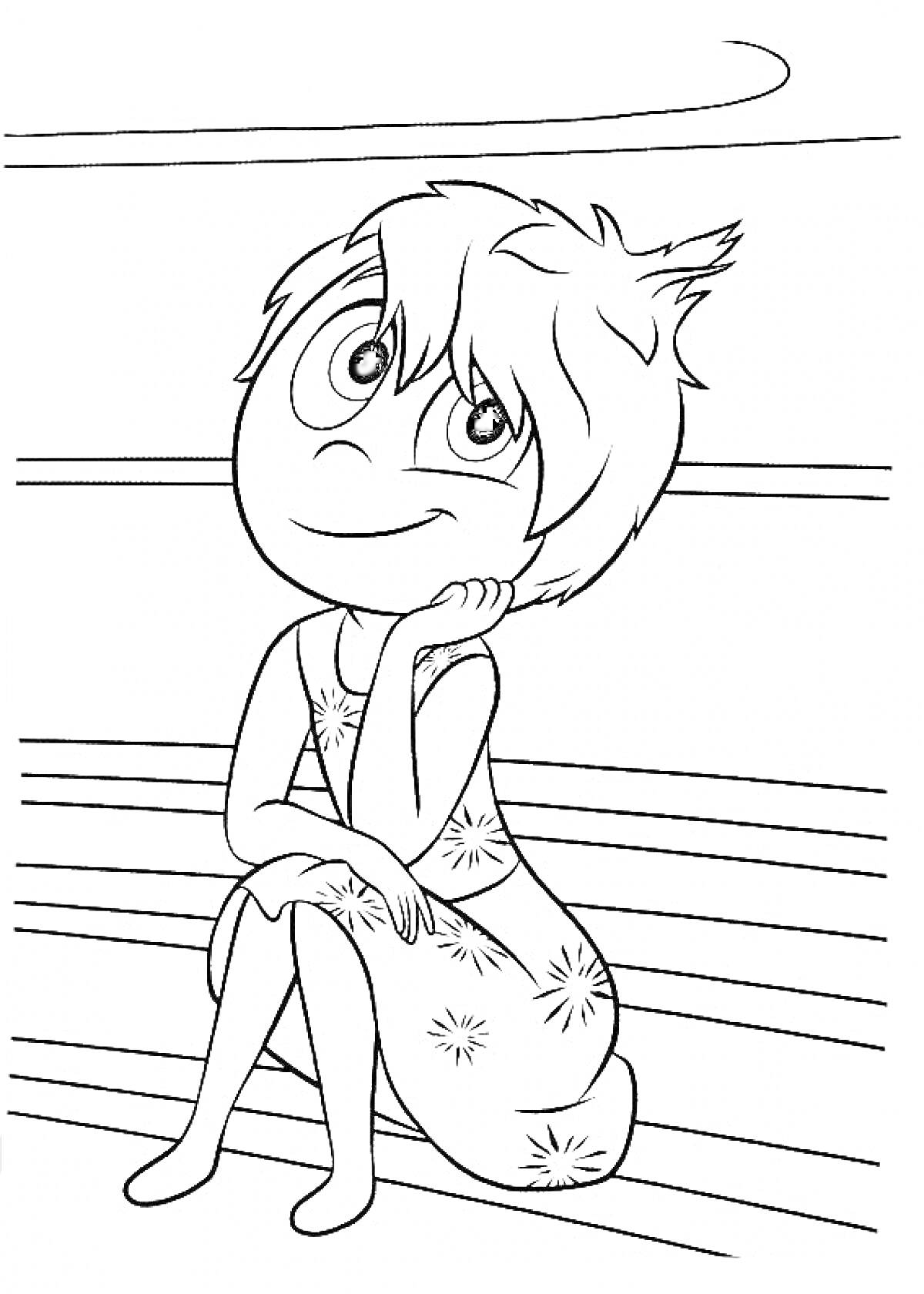 Девочка с короткими волосами и платьем со звездами сидит на скамейке, сцена из мультфильма 