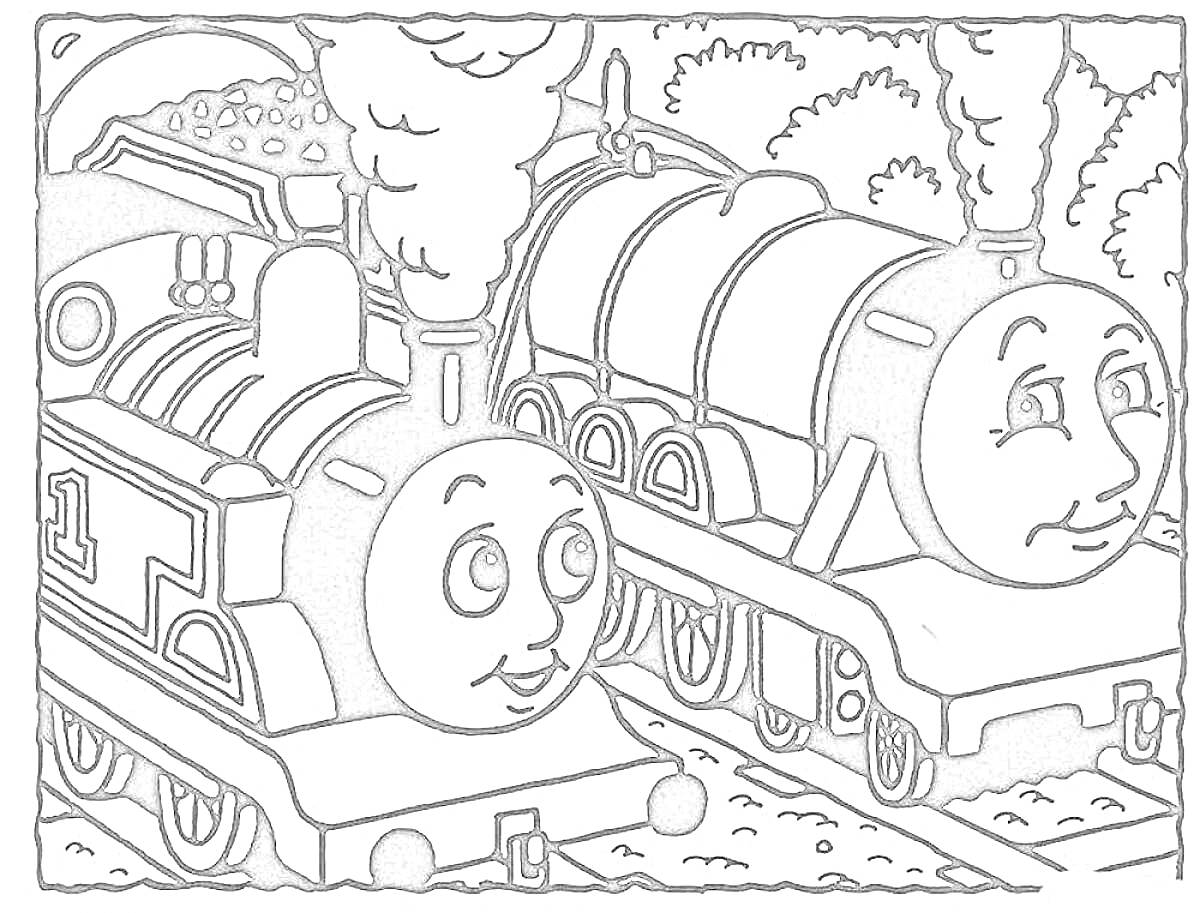 Раскраска Два паровозика с лицами, Томас и его друг, выпуская пар, едут по рельсам на фоне деревьев.