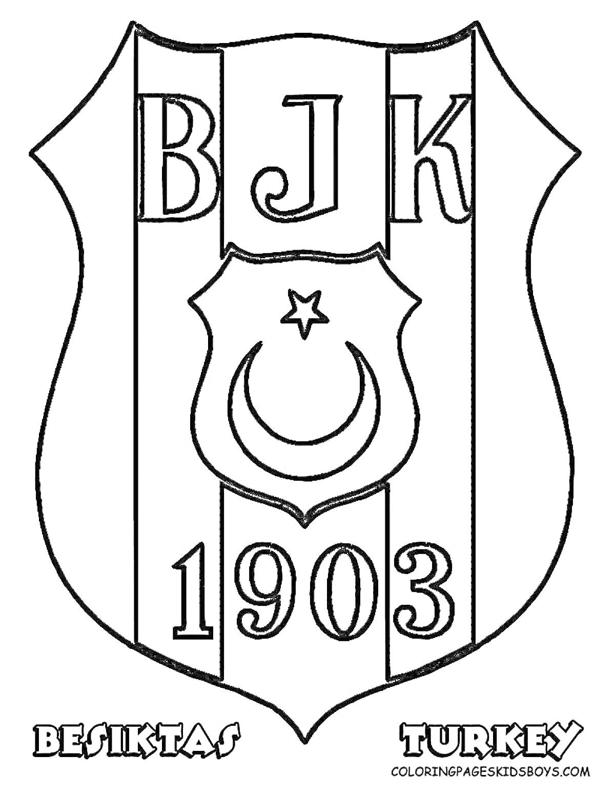 Раскраска эмблема Бешикташ в Турции с надписью BJK и годом 1903 внизу