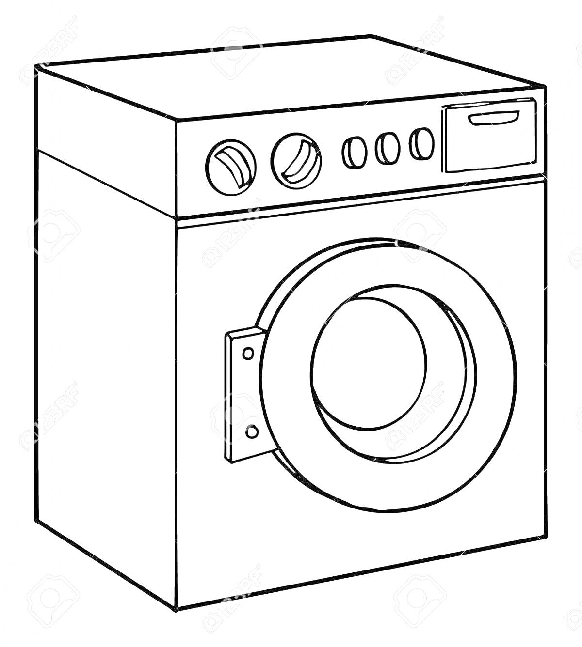 Раскраска Стиральная машина с панелью управления, дверцей и отделением для моющего средства