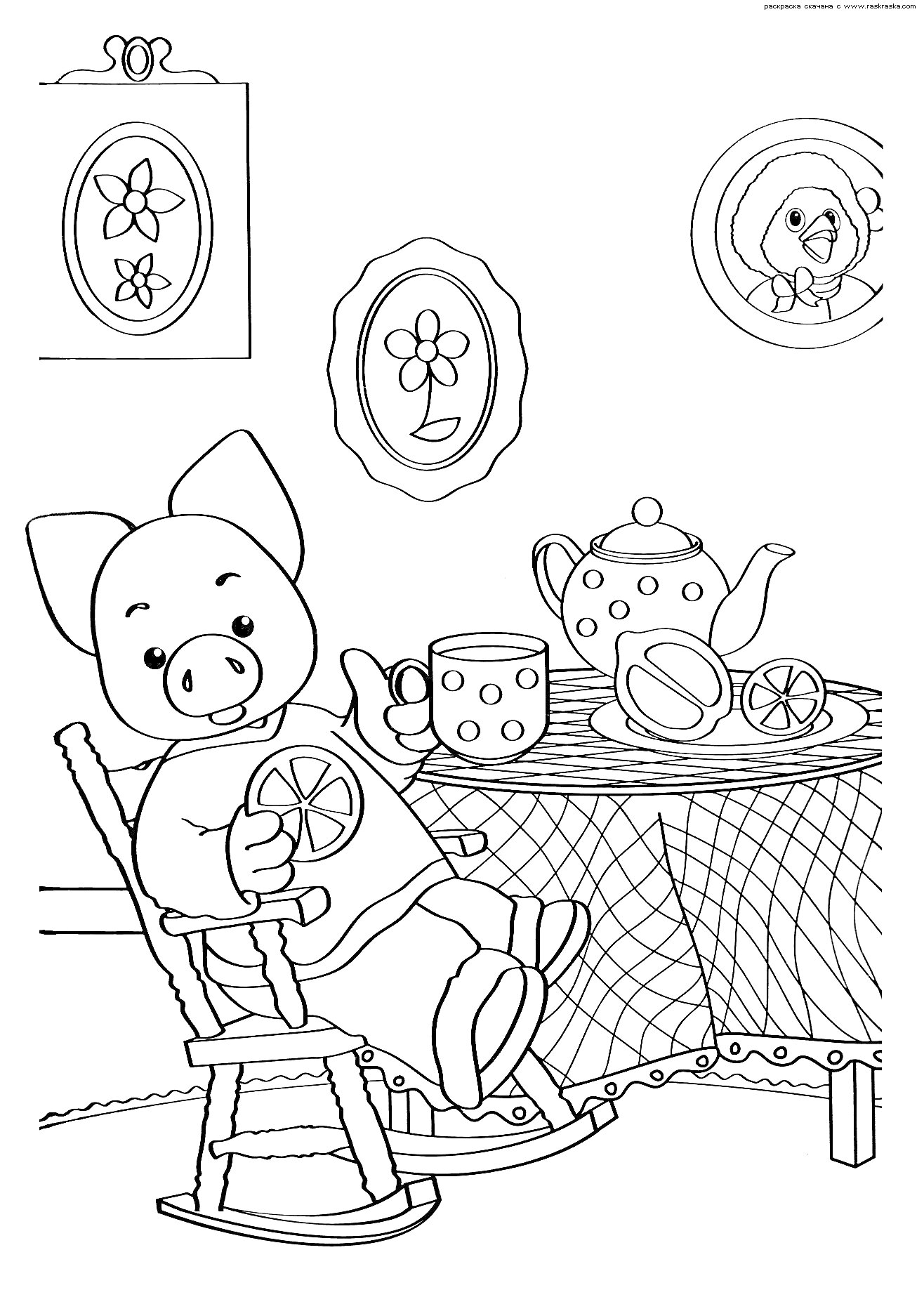 Поросёнок на кресле-качалке с кружкой чая, стол с чайником и чашками, картины на стене