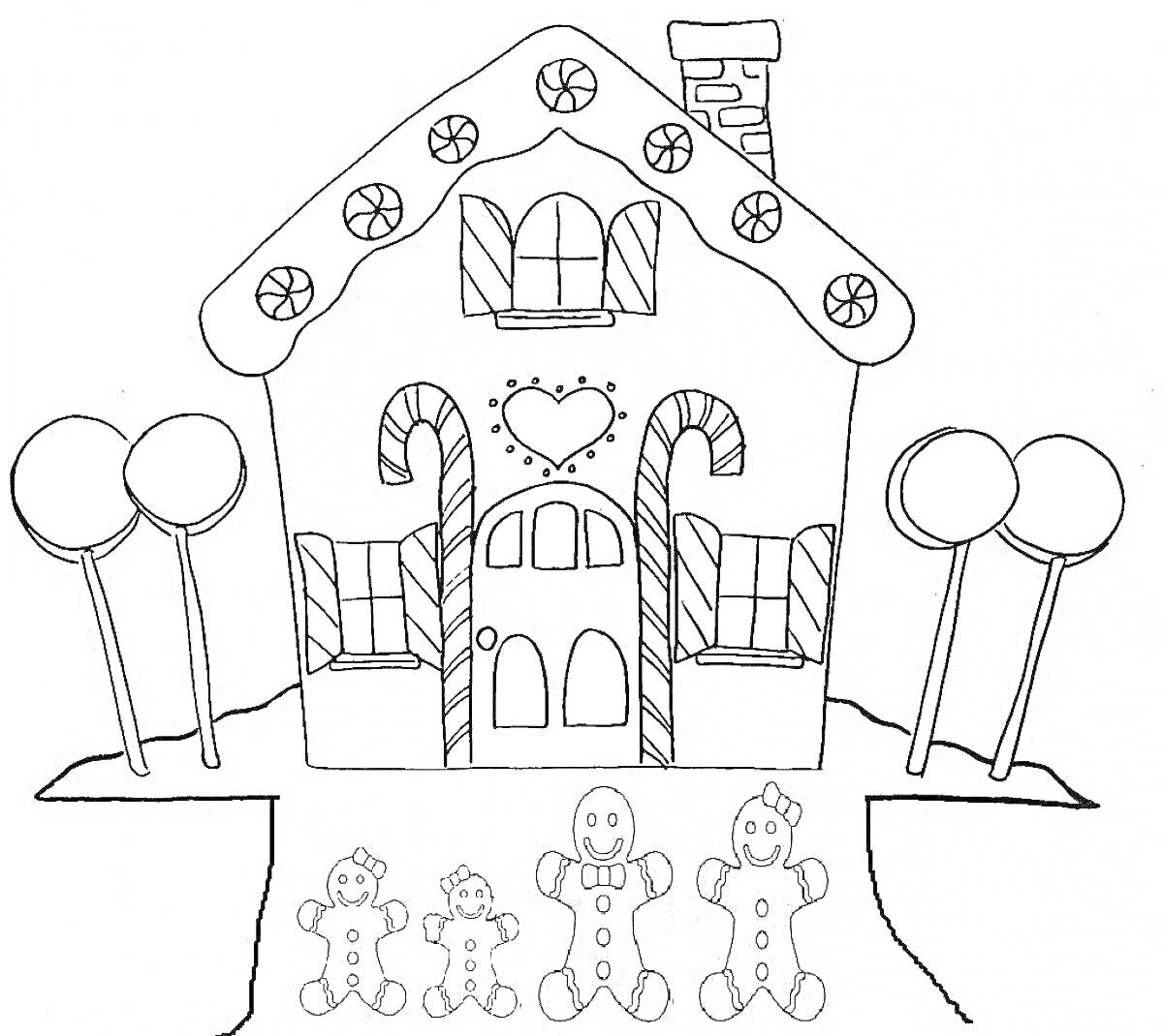Раскраска Пряничный домик с конфетами, четырьмя пряничными человечками, деревьями из леденцов и конфетными тростями