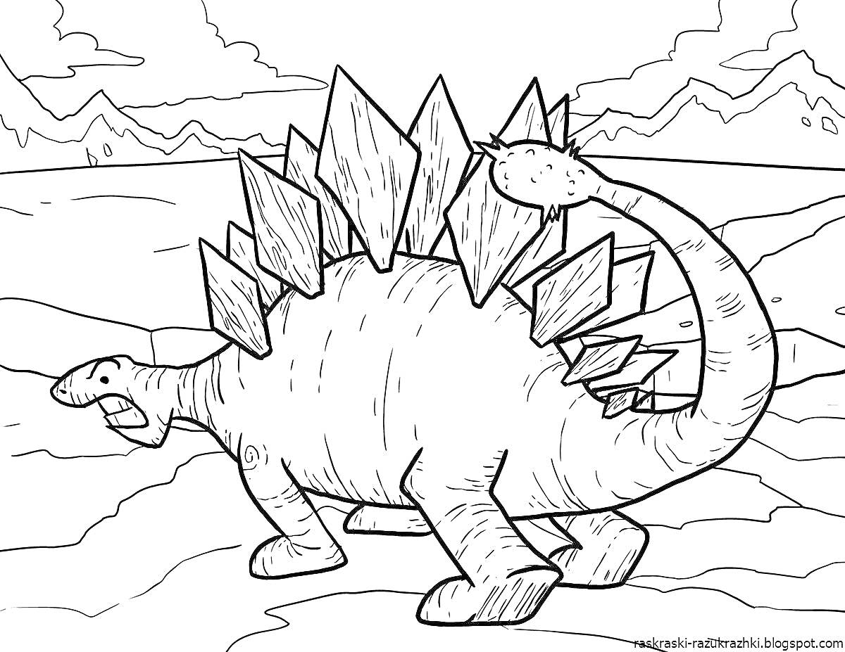 Раскраска Стегозавр на фоне гор