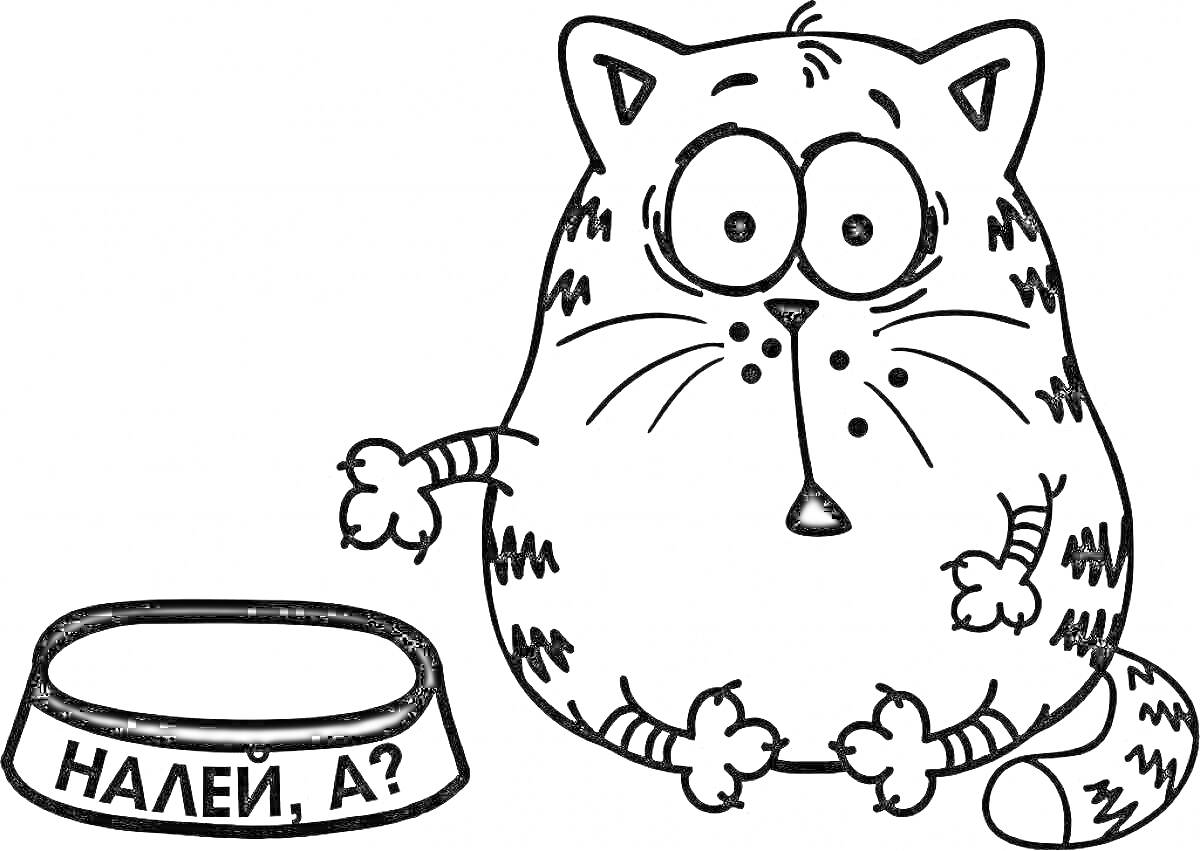 На раскраске изображено: Миска, Животные, Питание, Мультяшный кот, Кот
