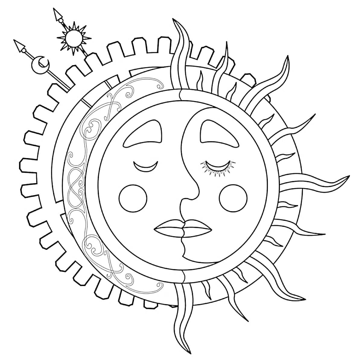 Раскраска Луна и солнце в одном круге с зубчатыми краями и узорами