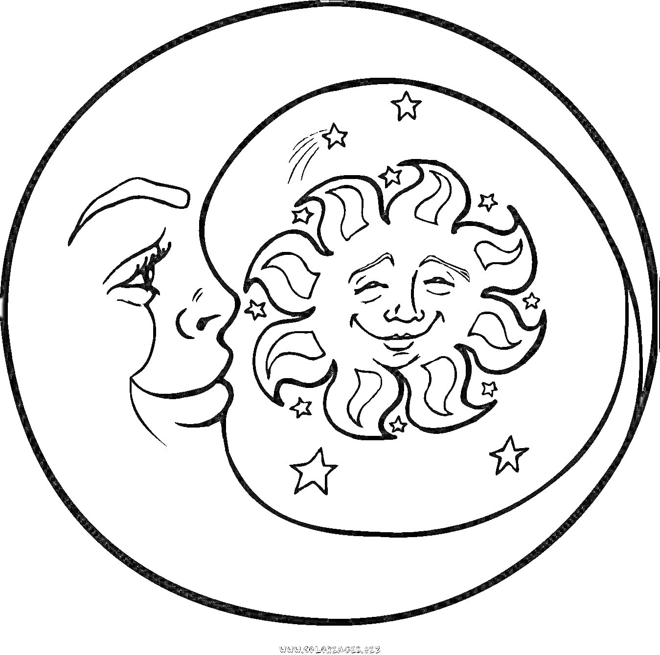 На раскраске изображено: Луна, Солнце, Звезды, Ночь, День, Космос