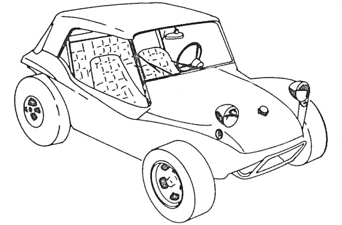 Раскраска багги с крышей, открытыми боковыми окнами, большими колесами, фарами, рулем и сиденьями с узорами