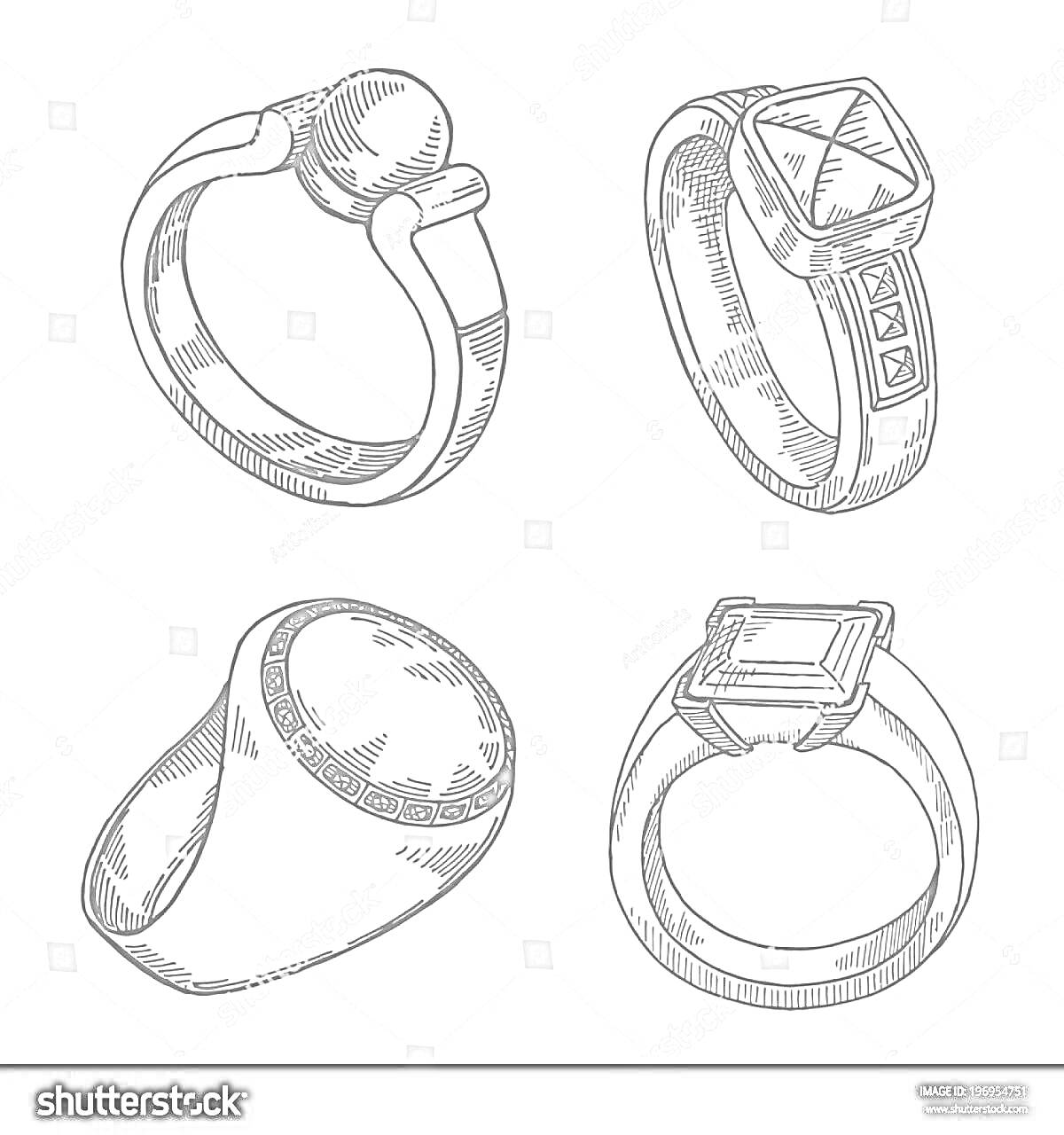 Четыре кольца с разным дизайном на белом фоне для раскрашивания, одно кольцо с круглым камнем, одно с треугольными деталями, одно широкое простое кольцо и одно кольцо с квадратным камнем
