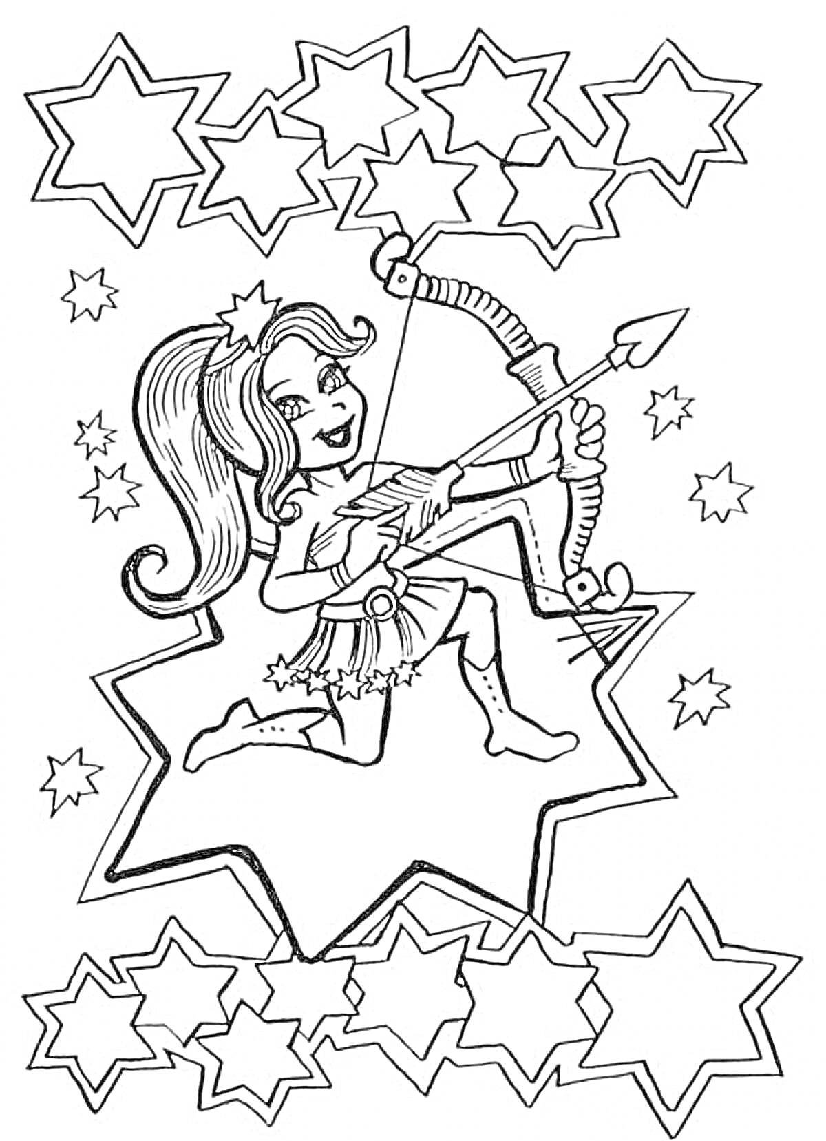 Раскраска Девочка-зодиакальный знак Стрелец с луком и стрелой на фоне звёзд