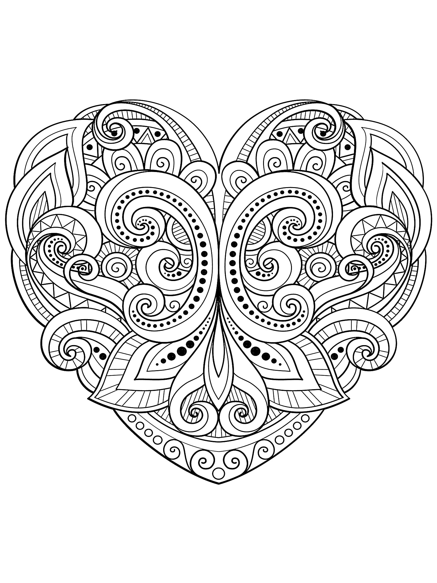 Раскраска Сердце с абстрактными завитками и узорами