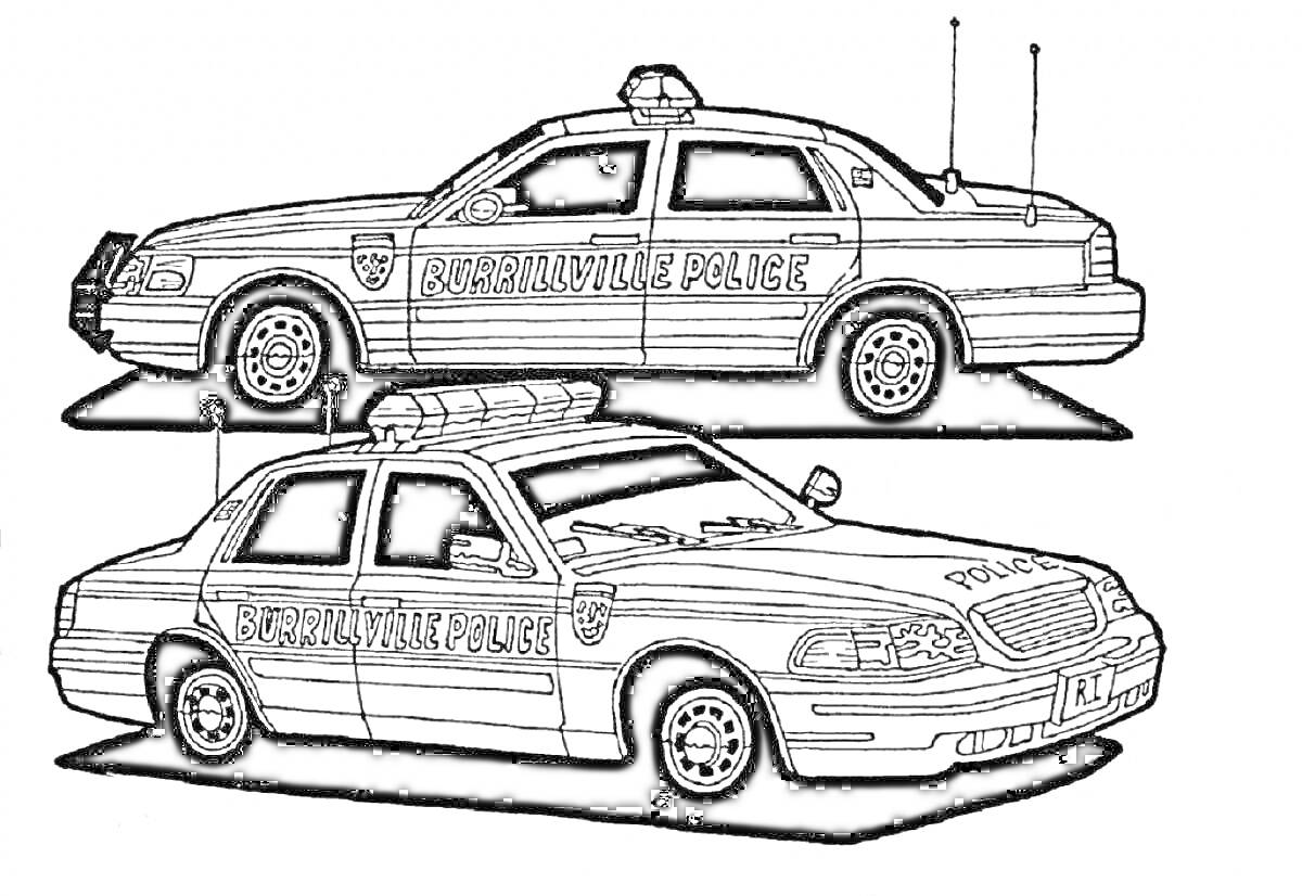 На раскраске изображено: Полицейская машина, Патрульный автомобиль, Полиция, Служебный транспорт, Антенны, Проблесковые маячки, Надпись