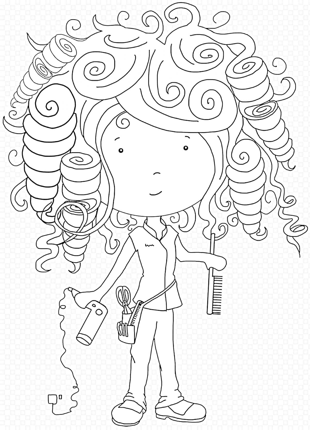 Раскраска Девочка с кудрявыми волосами, с феном, расчёской и набором инструментов парикмахера