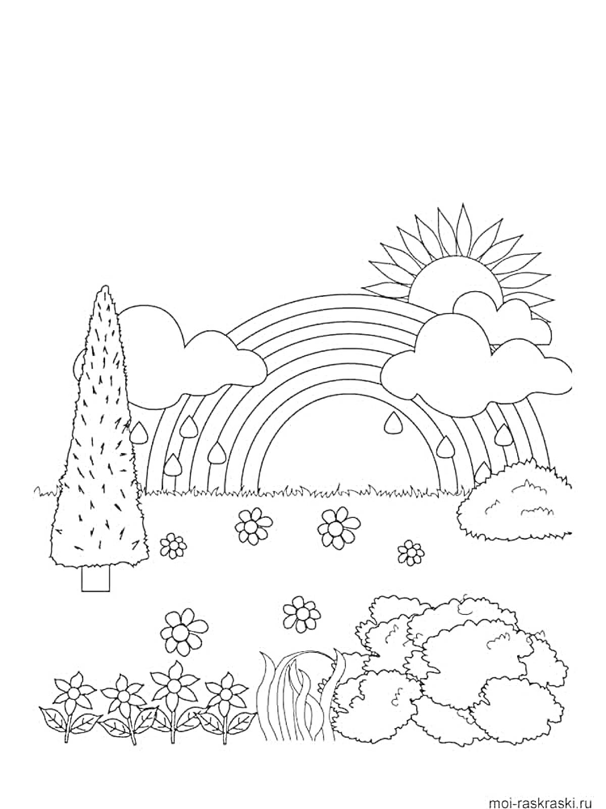 Раскраска Радуга над цветочным полем с деревьями, облаками и солнцем
