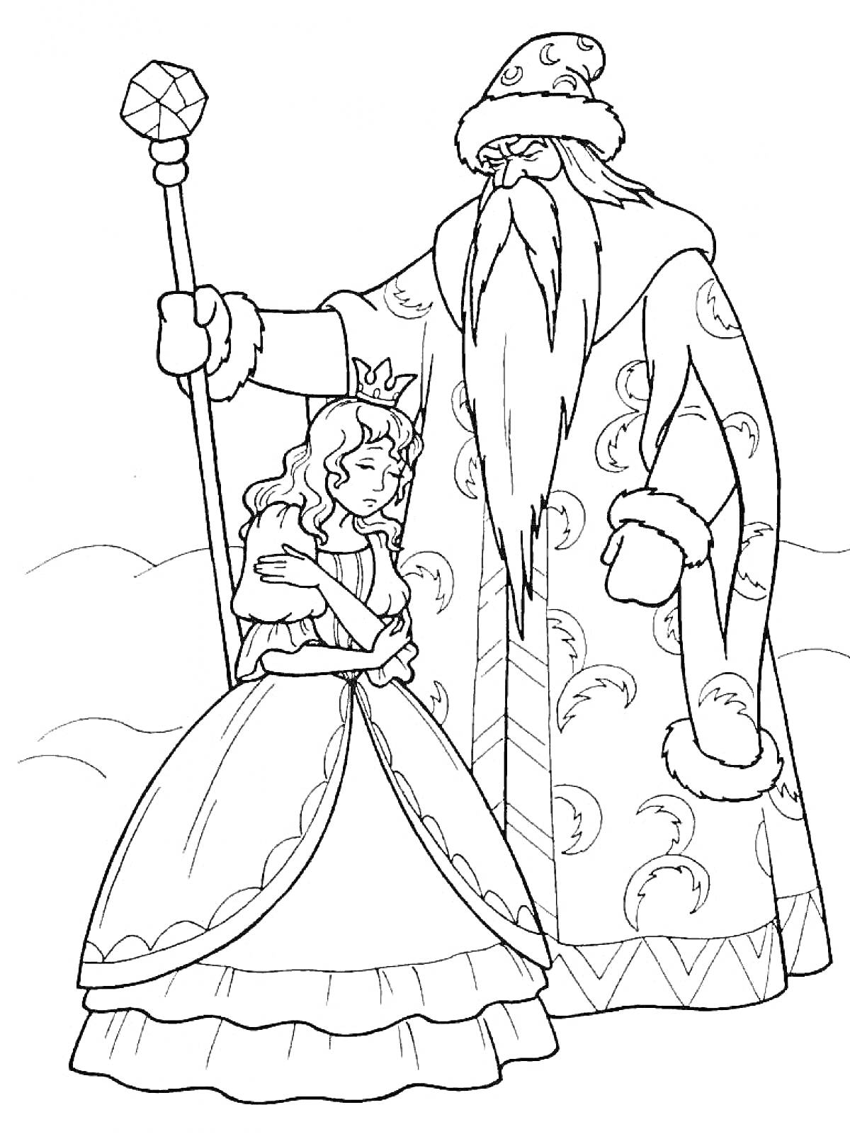 Двенадцать месяцев: девушка в короне и старик с длинной бородой, в долгой шубе, с посохом