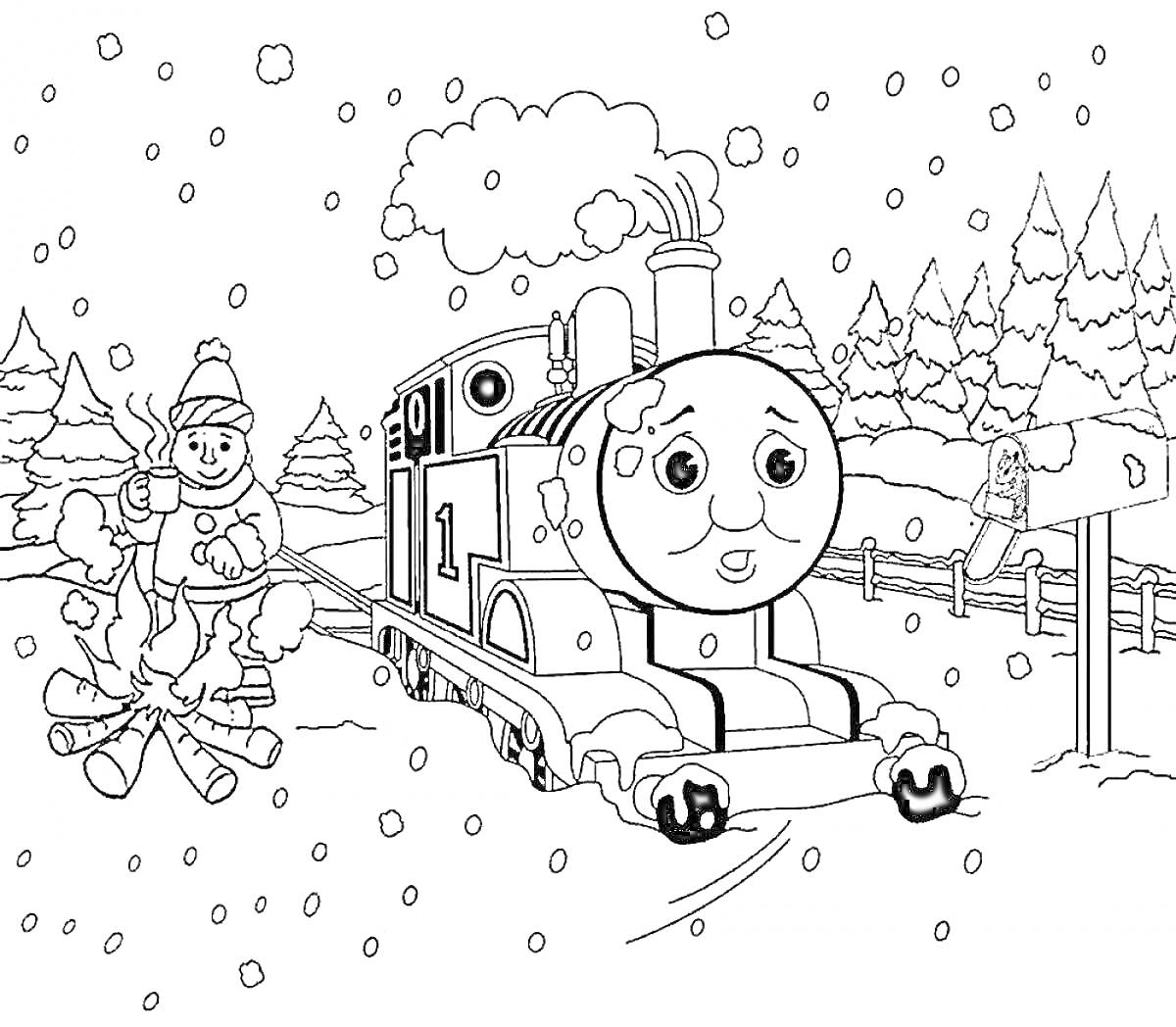 Паровозик Томас, снеговик, заснеженные деревья и забор