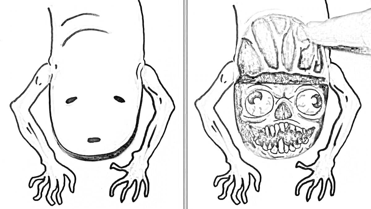 Раскраска существо с длинными руками и скрытым лицом, страшный вариант существа с раскрытым лицом