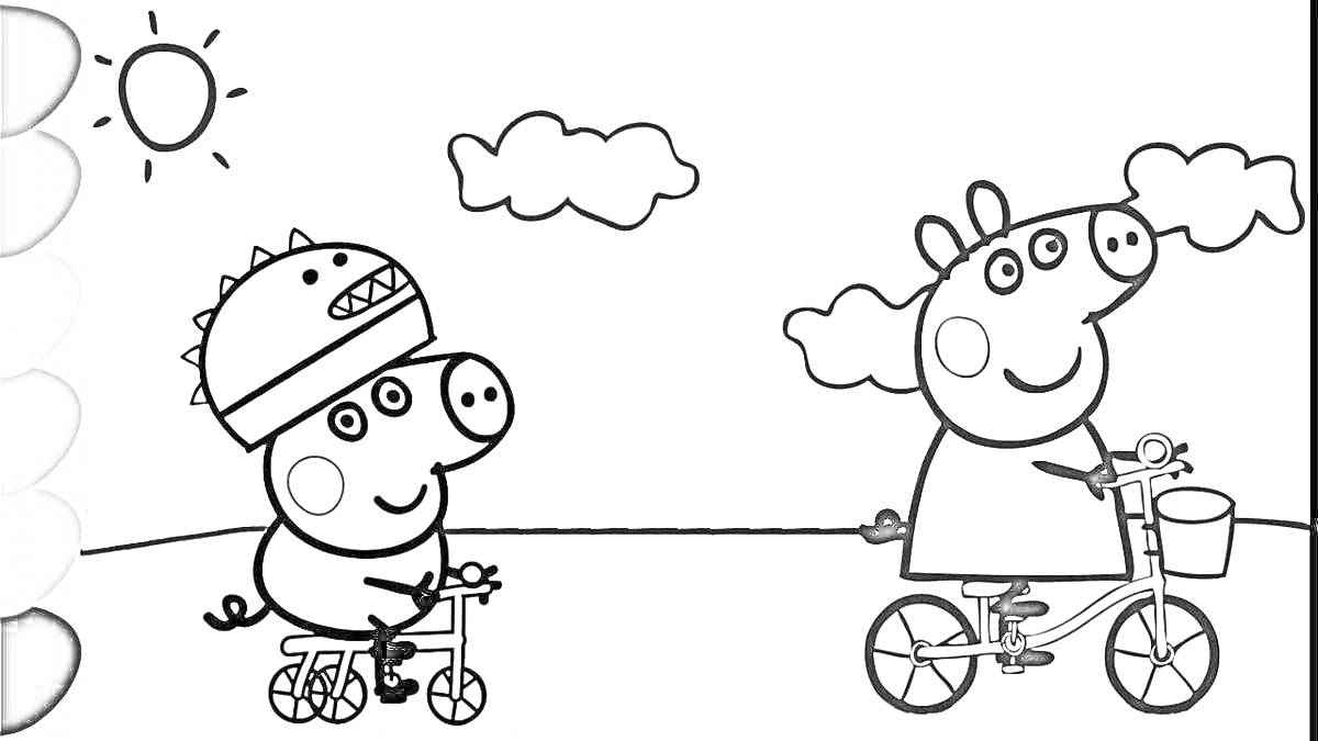 Две свинки на велосипедах под облаками и солнцем