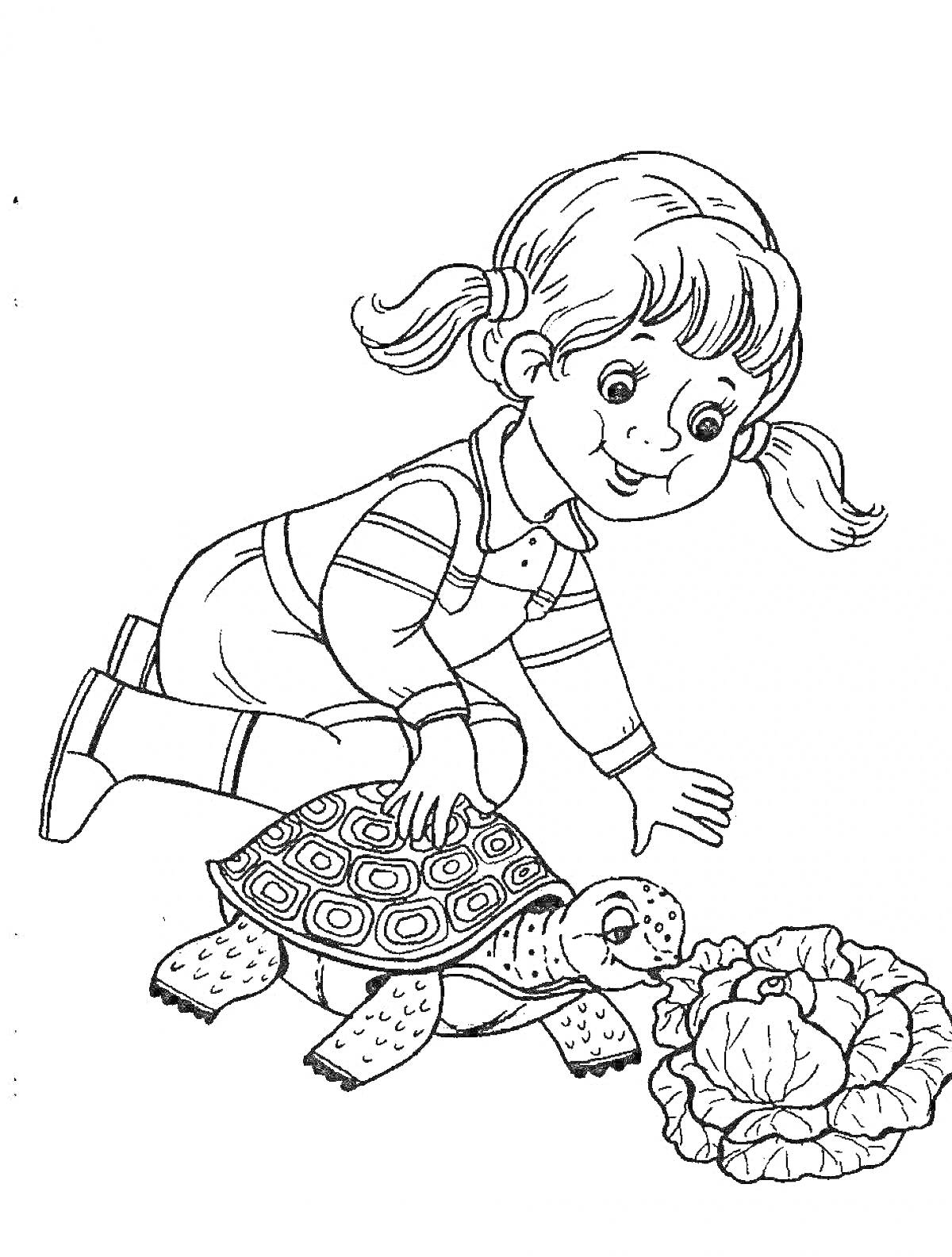 На раскраске изображено: Девочка, Черепаха, Капуста, Доброта, Животные