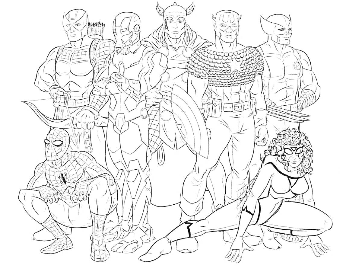 На раскраске изображено: Мстители, Супергерои, Человек-Паук, Соколиный Глаз, Железный человек, Тор, Капитан америка, Росомаха, Комиксы