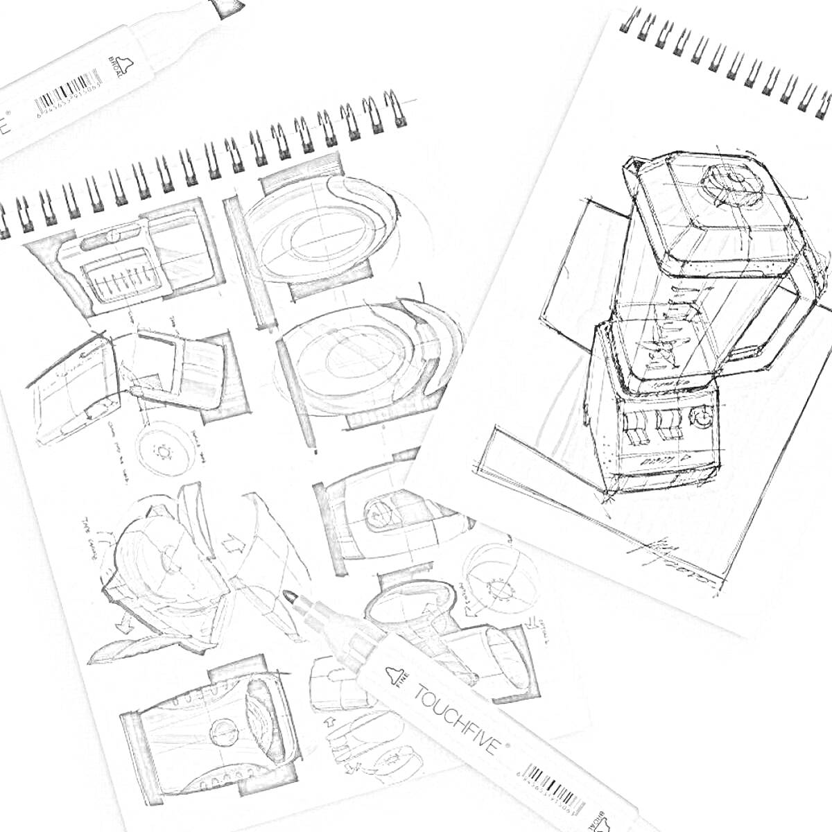 Раскраска Эскизы бытовой техники: блендер и компоненты, блокноты и маркеры