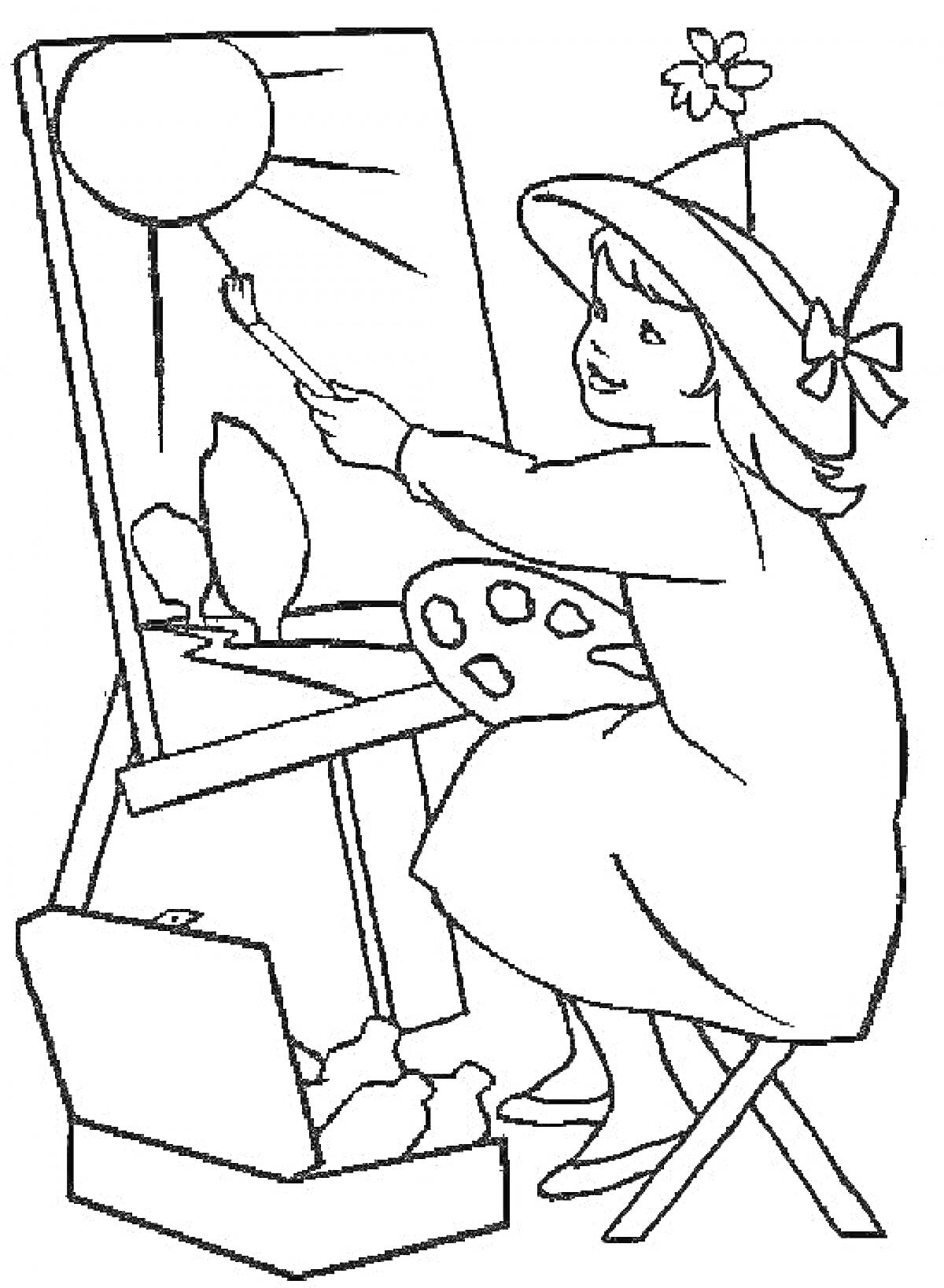 Раскраска Девочка-художница рисует солнце и деревья на мольберте с палитрой в руках и ящиком с красками на переднем плане.