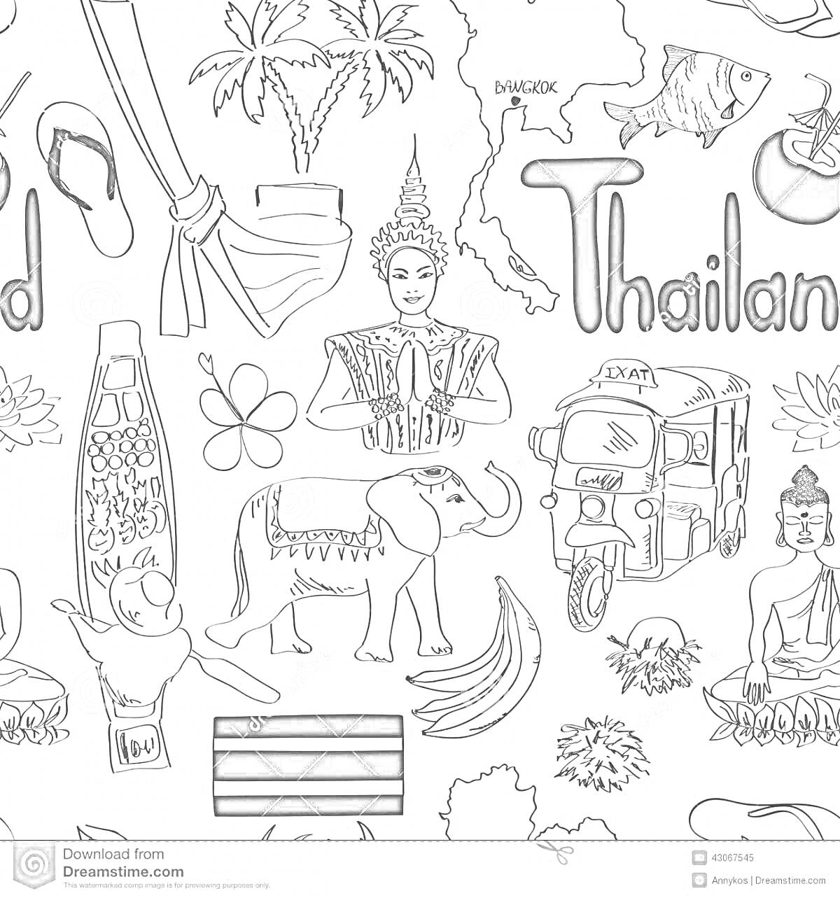 На раскраске изображено: Таиланд, Слон, Монах, Пальмы, Карта, Кокос, Традиционная одежда, Азиатская культура, Экзотика