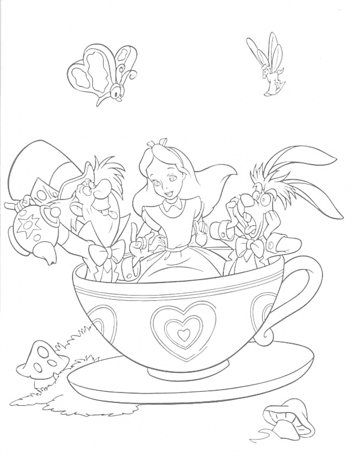 Раскраска Алиса, Шляпник и Мартовский Заяц в чашке, бабочка, и кролик