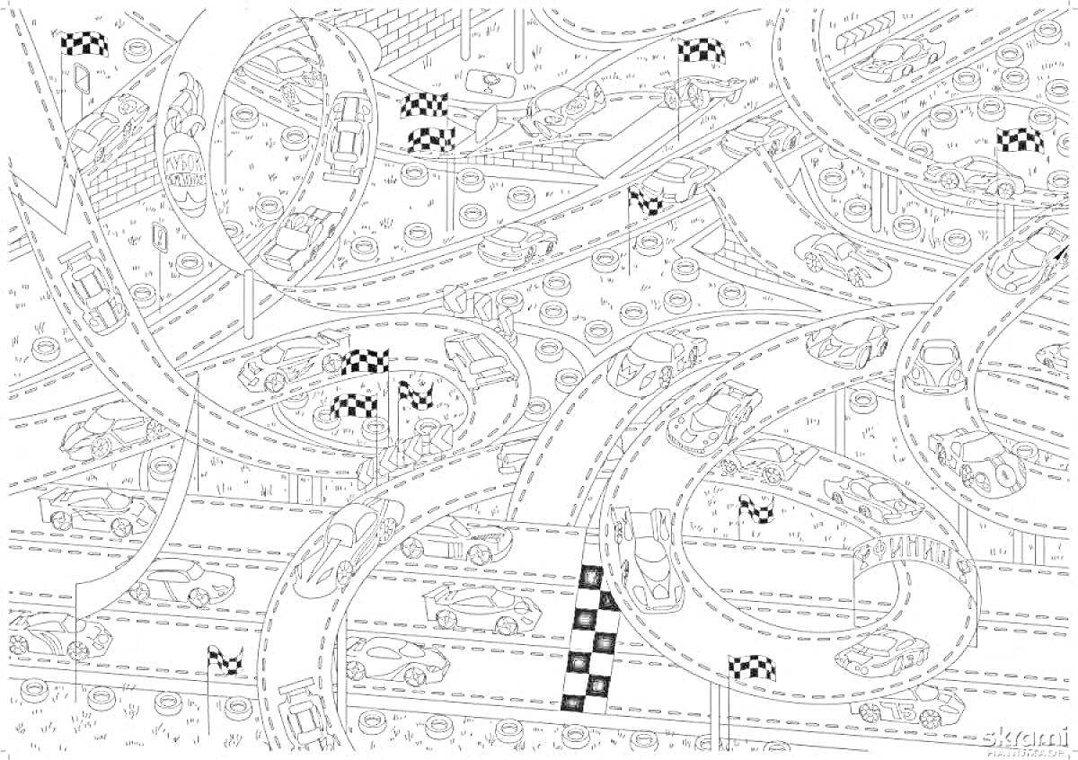 Раскраска Гоночный трек с автомобилями, финишными флагами и трассой