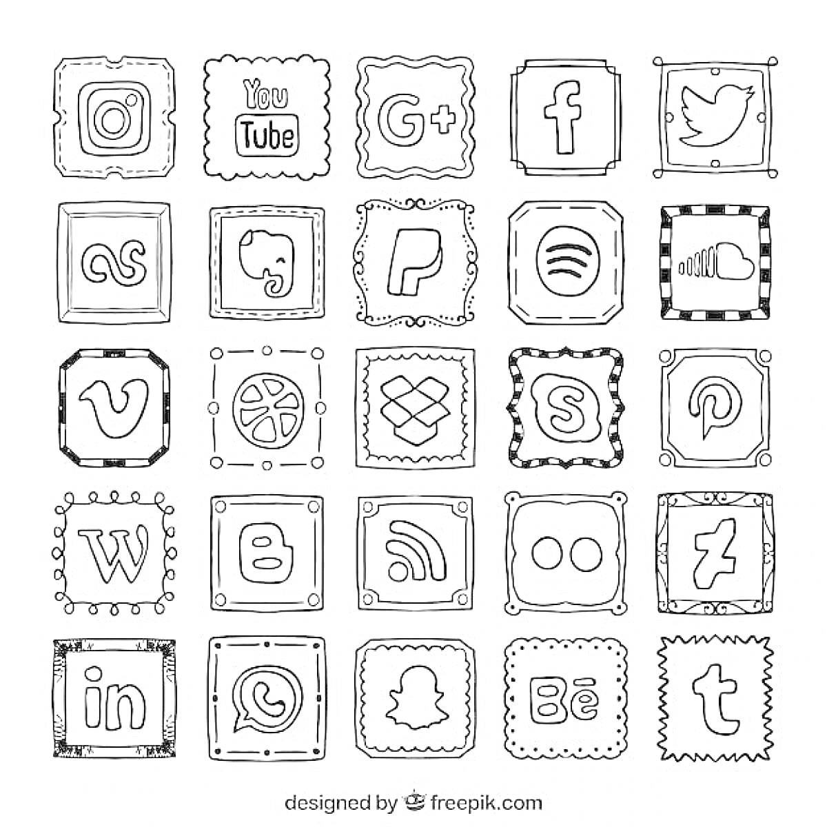 Раскраска Иконки социальных сетей и программ в декоративных рамках для раскрашивания