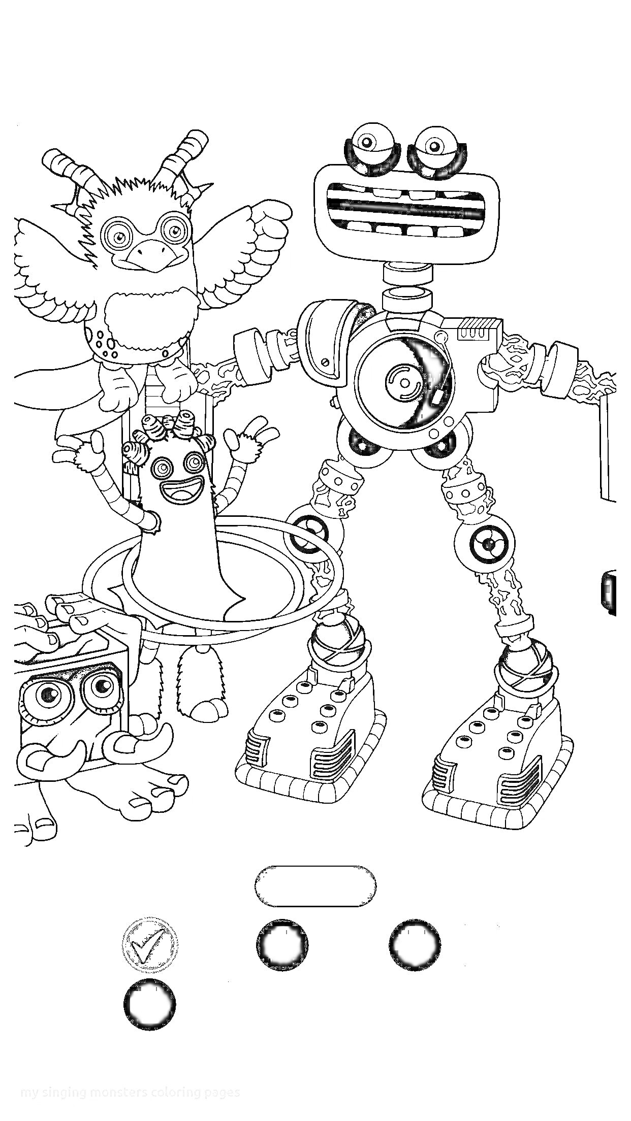 Раскраска Робот с крылатым существом, танцующая фигурка и несколько персонажей