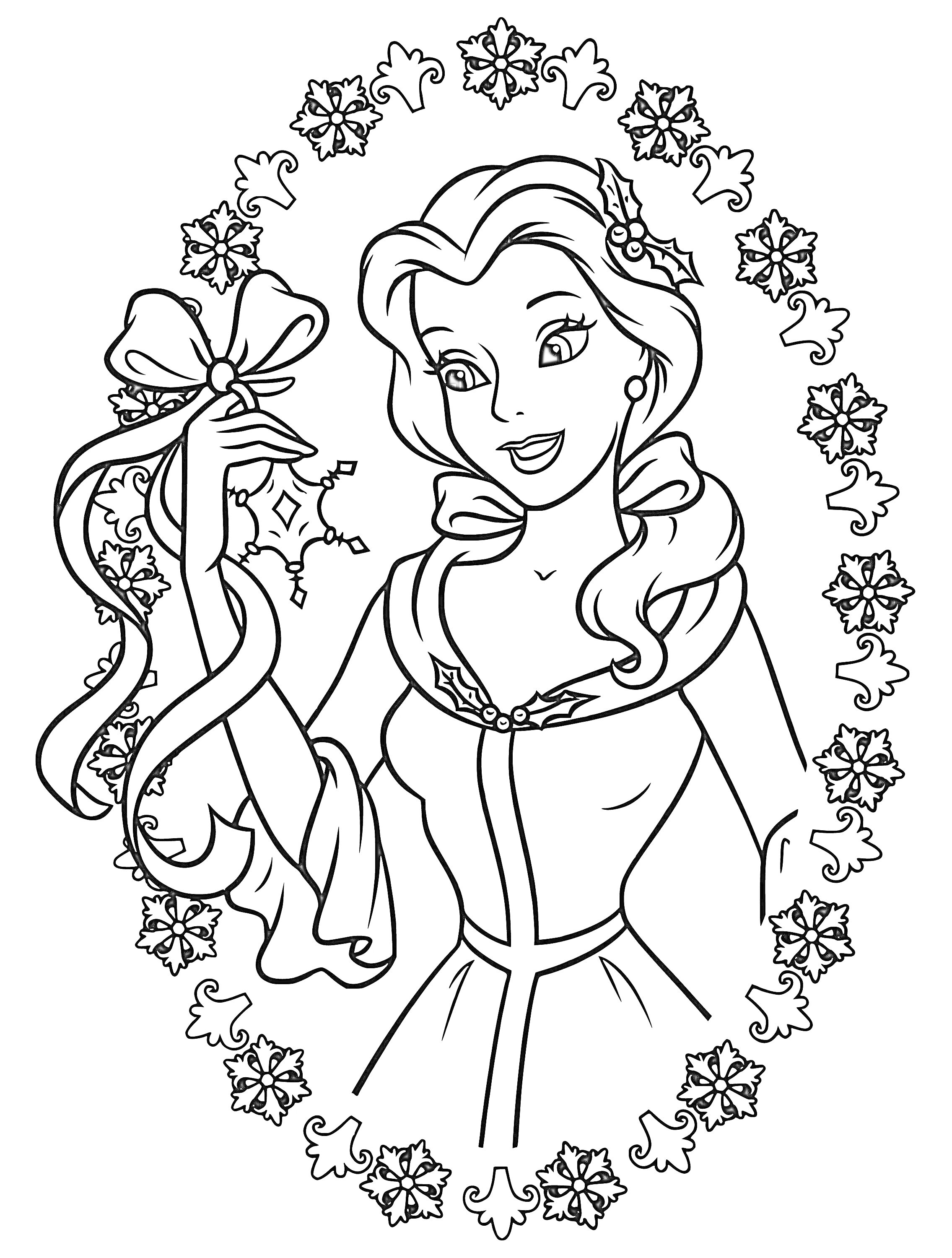 На раскраске изображено: Принцесса, Бант, Декоративная рамка, Узоры, Длинные волосы, Платье