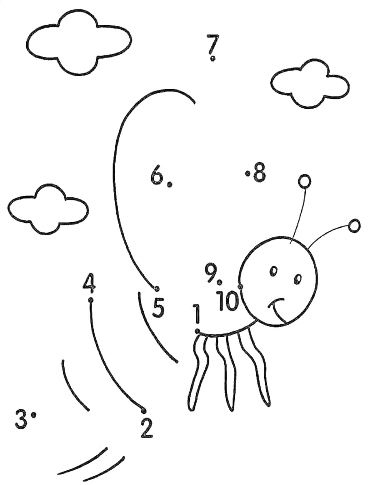 Раскраска Насекомое с точками для соединения, облака