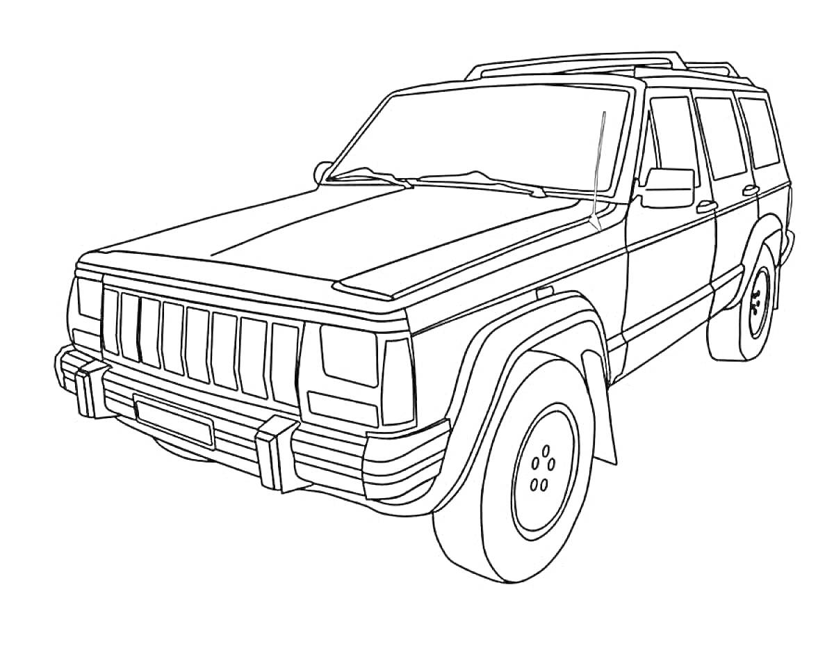Раскраска Линия раскраски с изображением внедорожного автомобиля, вид спереди, с четкой детализацией кузова и колес