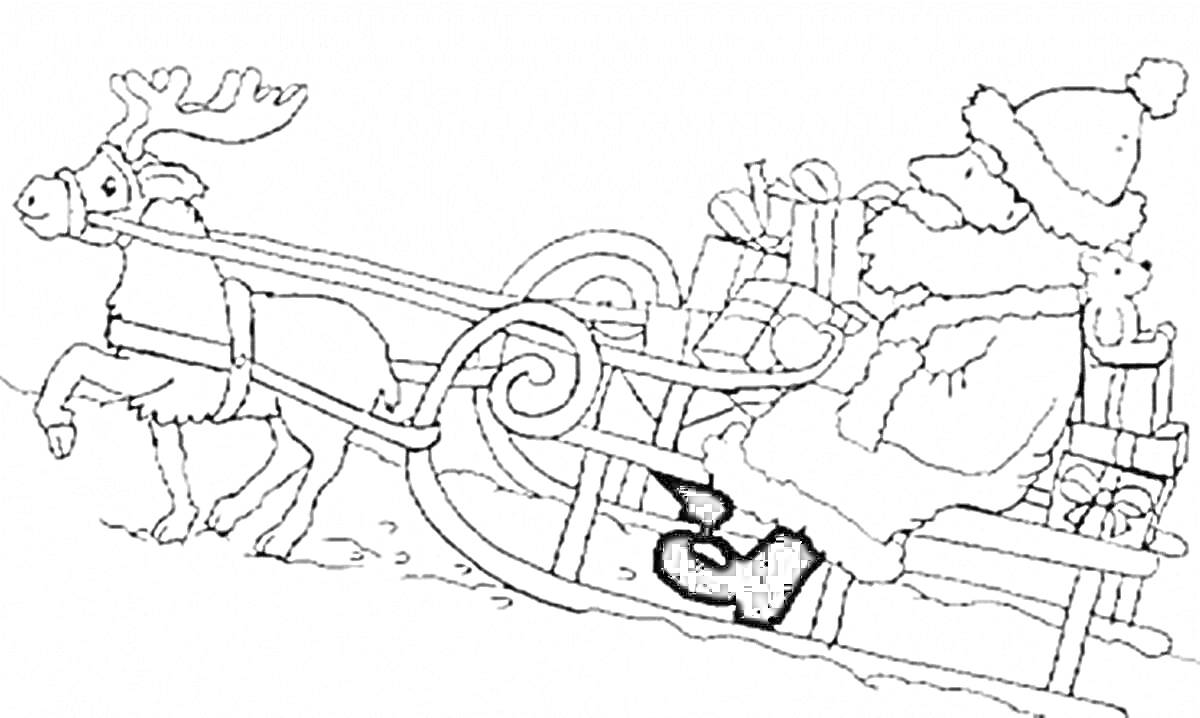 На раскраске изображено: Дед Мороз, Сани, Олень, Подарки, Зима, Рождество, Новый год, Снег