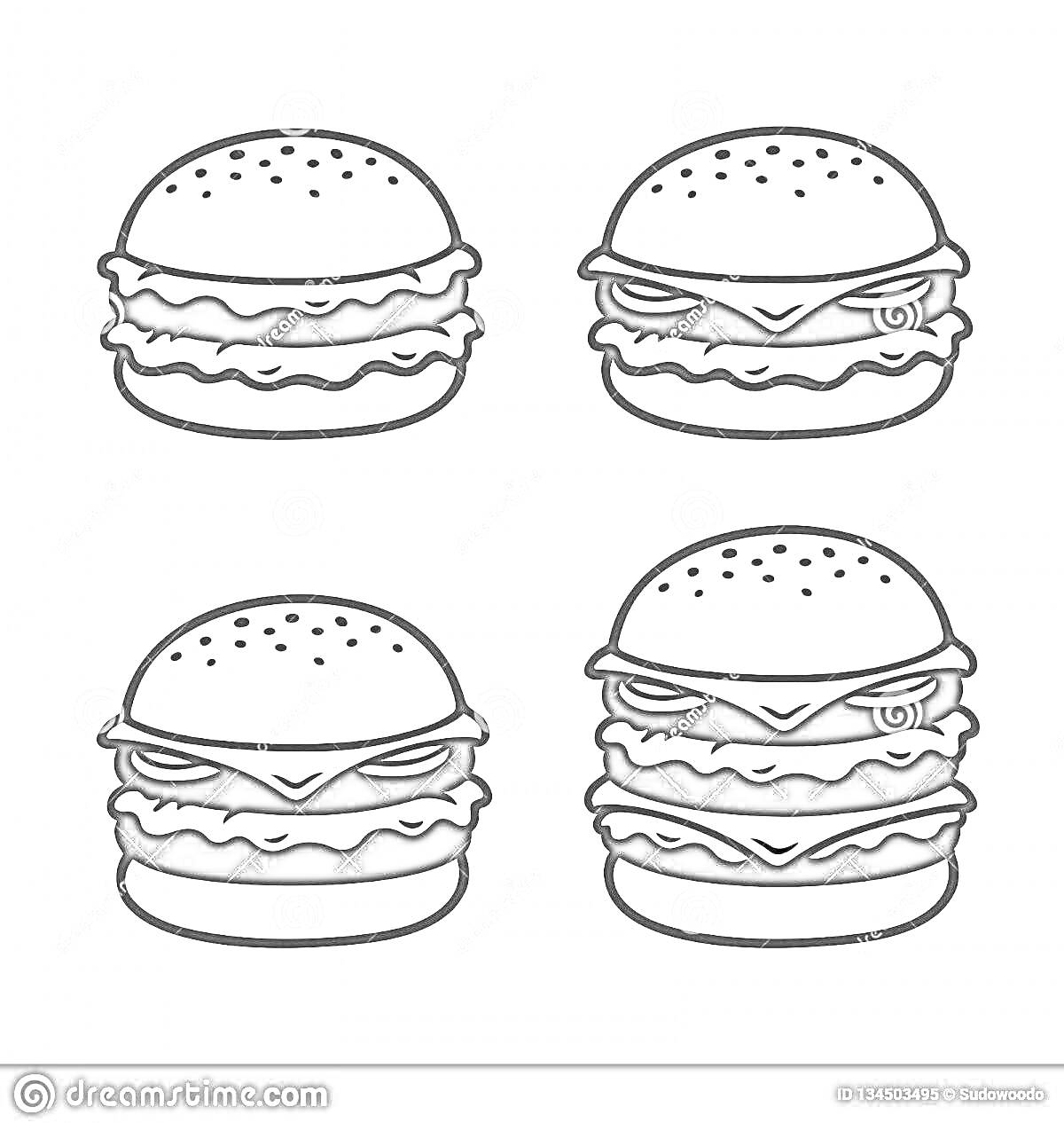 На раскраске изображено: Гамбургер, Еда, Детские