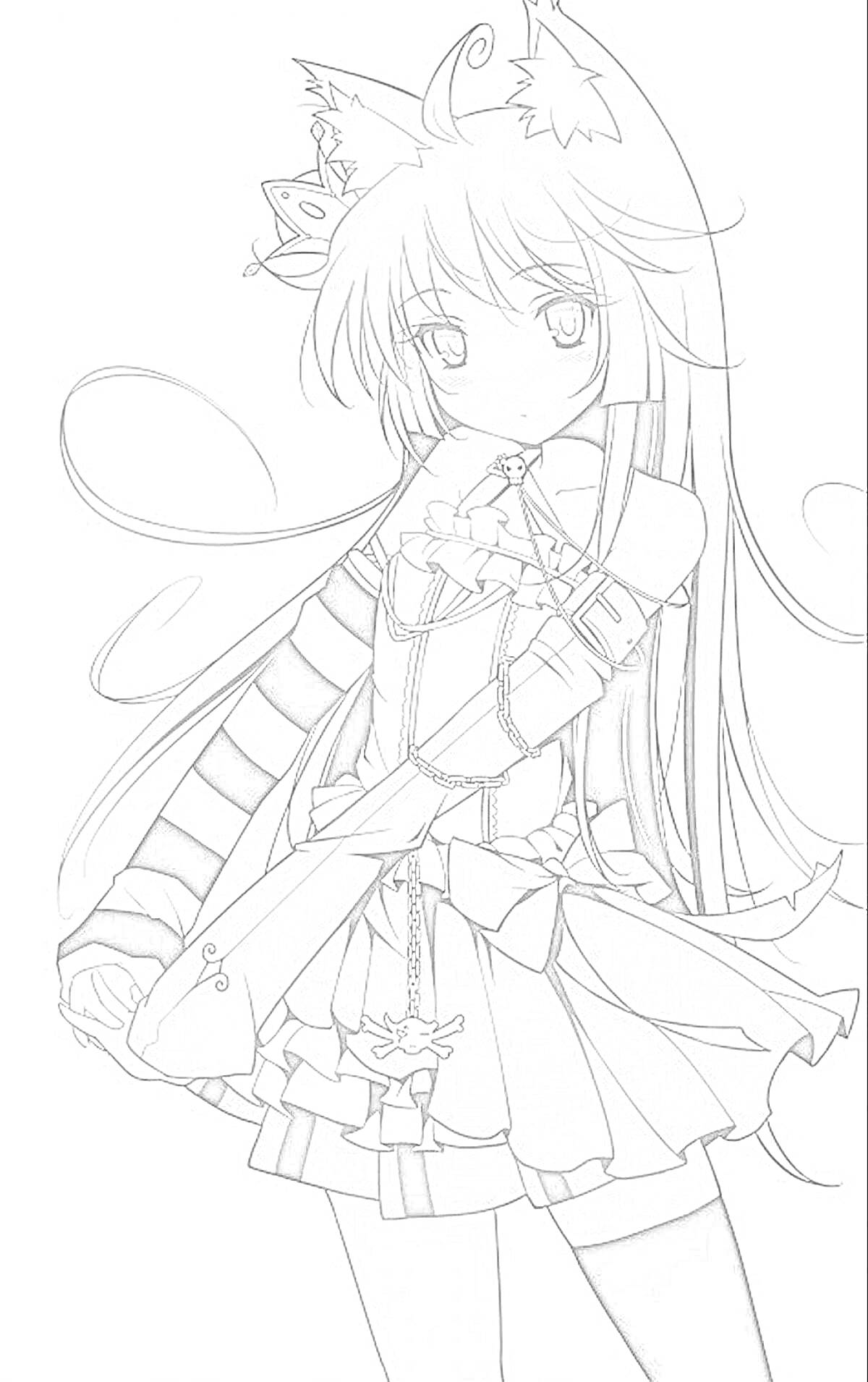 Раскраска Девушка в аниме стиле с длинными волосами, полосатым рукавом, ушками и короной, в юбке со звездочками