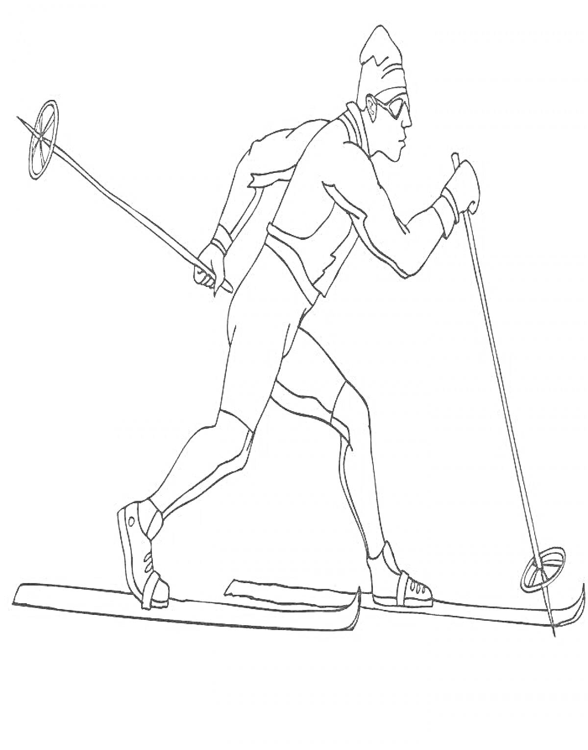 На раскраске изображено: Лыжник, Лыжи, Лыжные палки, Спорт, Зимний спорт, Экипировка