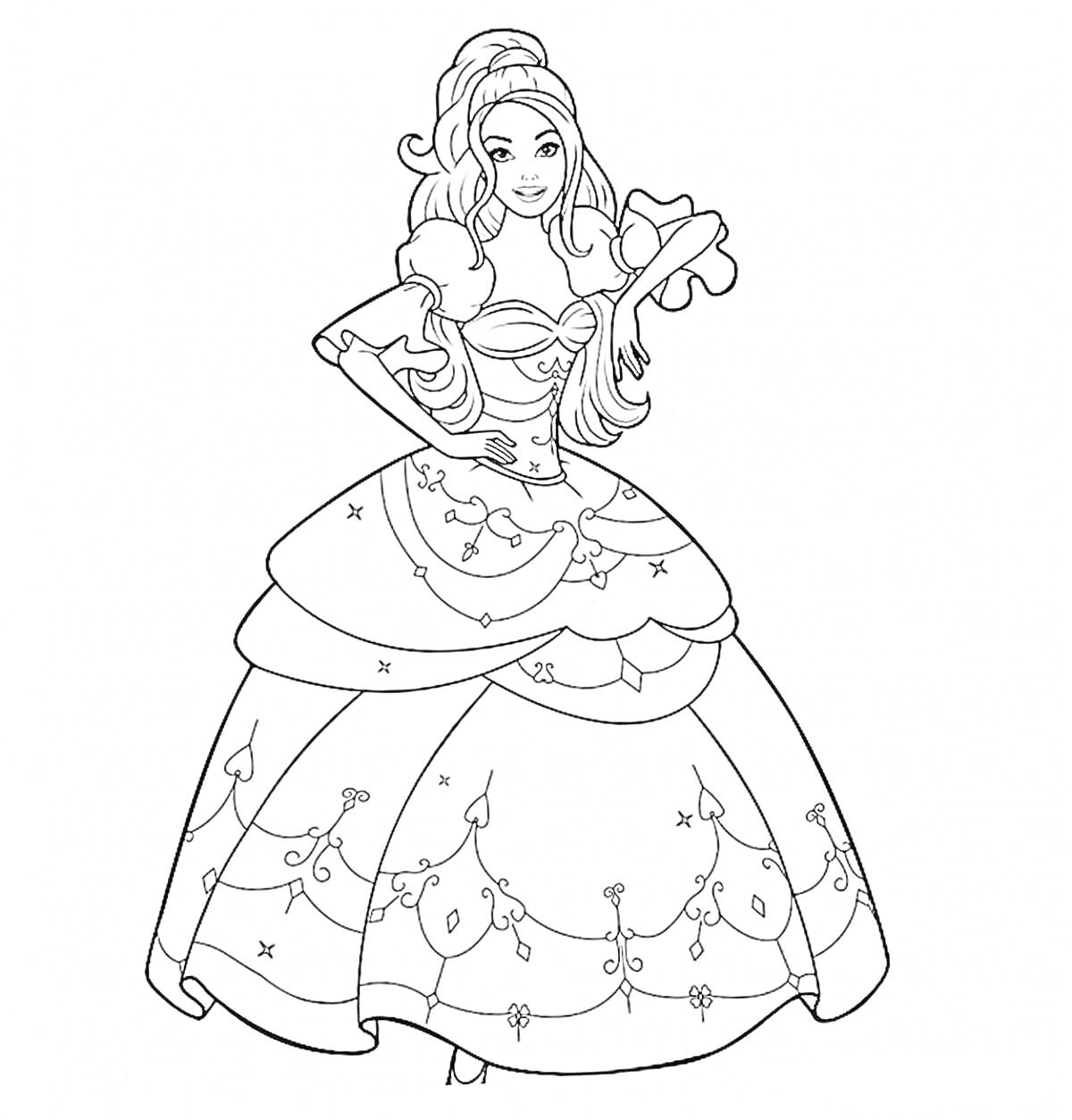 Раскраска Принцесса в пышном платье с цветочными узорами и прической