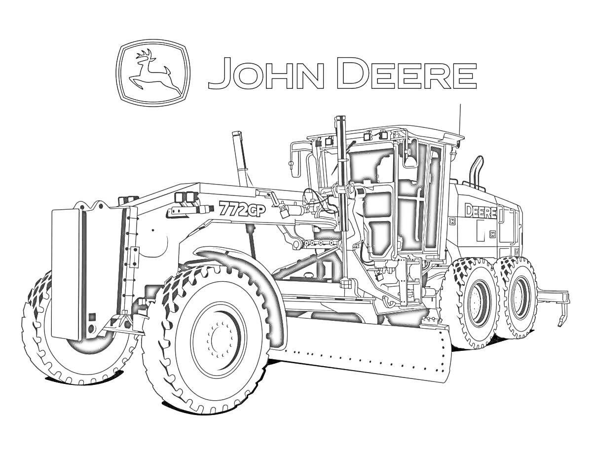 На раскраске изображено: John Deere, Сельскохозяйственная техника, Строительная техника, Оборудование, Техника